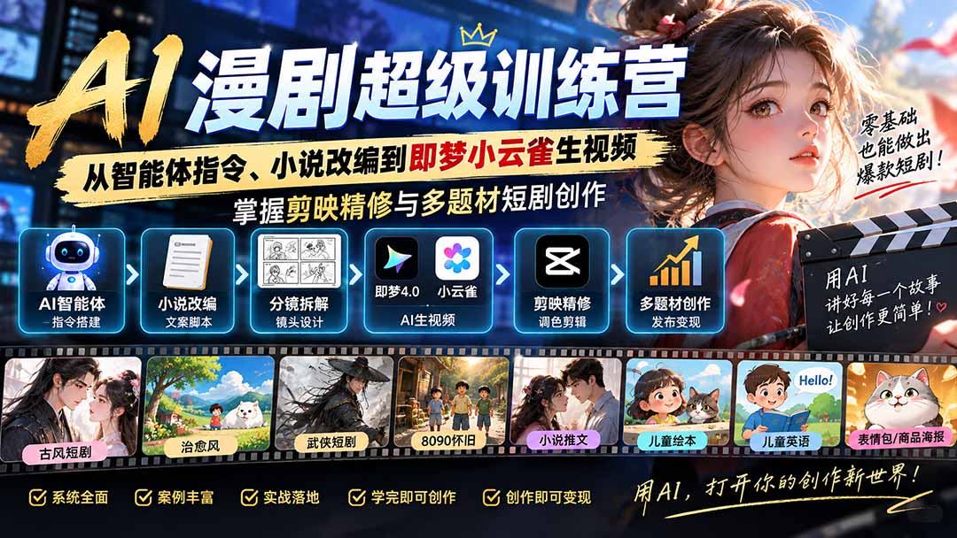 AI漫剧超级特训营:从智能体指令、小说改编到即梦小云雀生视频,掌握剪映精修与多题材短剧创作-网创之家