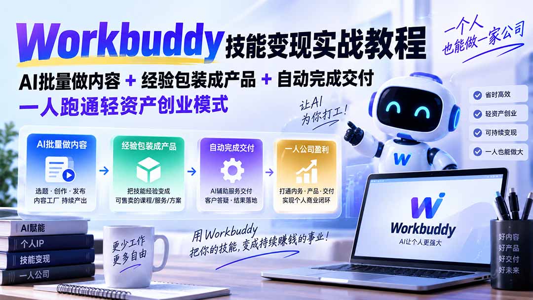 Workbuddy技能变现实战教程：AI批量做内容+经验包装成产品+自动完成交付，一人跑通轻资产创业模式-网创之家