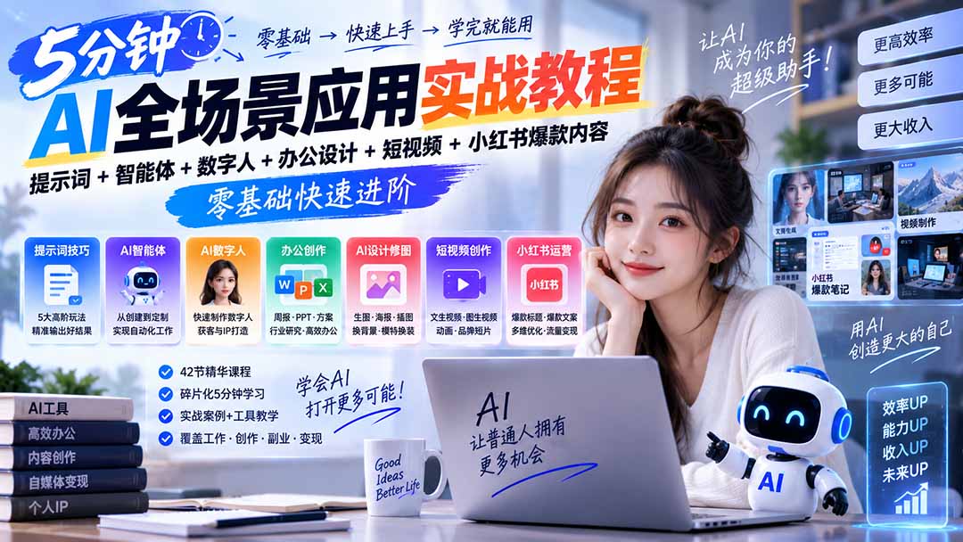 AI全场景应用实战教程｜提示词+智能体+数字人+办公设计+短视频+小红书爆款内容，零基础快速进阶-网创之家