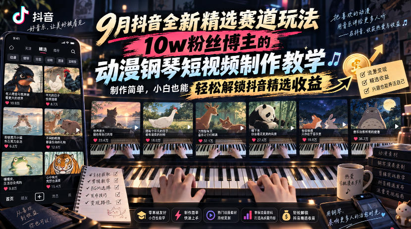 9月抖音全新精选赛道玩法，10w粉丝博主的动漫钢琴短视频制作教学，制作简单，小白也能轻松解锁抖音精选收益-网创之家