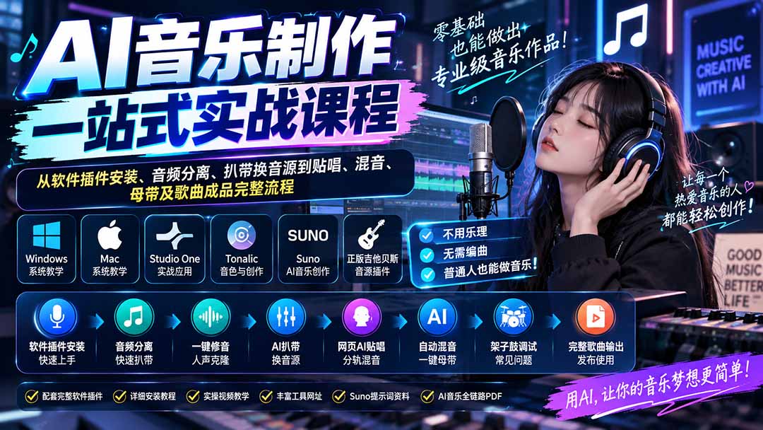 AI音乐制作一站式实战课程：从软件插件安装、音频分离、扒带换音源到贴唱、混音、母带及歌曲成品完整流程-网创之家