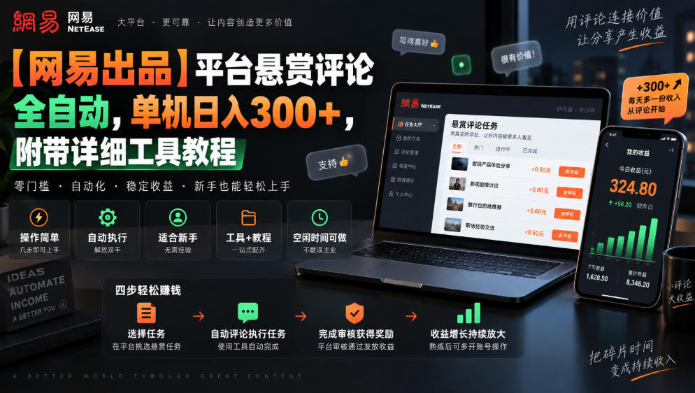 【网易出品】平台悬赏评论全自动，单机日入300+，附带详细工具教程【揭秘】-网创之家