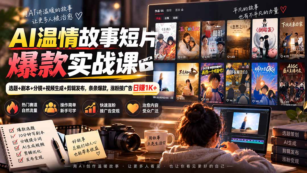 AI温情故事短片爆款实战课-更新|选题+剧本+分镜+视频生成+剪辑发布,条条爆款,涨粉接广告日赚1K+-网创之家