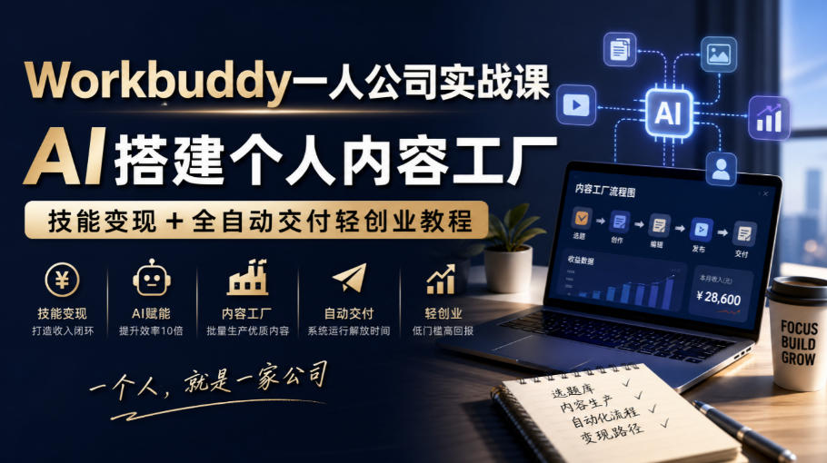 Workbuddy一人公司实战课，AI搭建个人内容工厂，技能变现+全自动交付轻创业教程​-网创之家