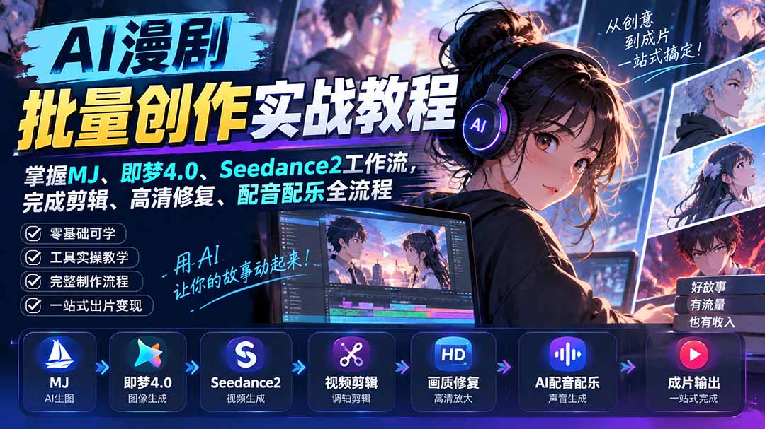 AI漫剧批量创作实战教程:掌握MJ、即梦4.0、Seedance2工作流,完成剪辑、高清修复、配音配乐全流程-网创之家