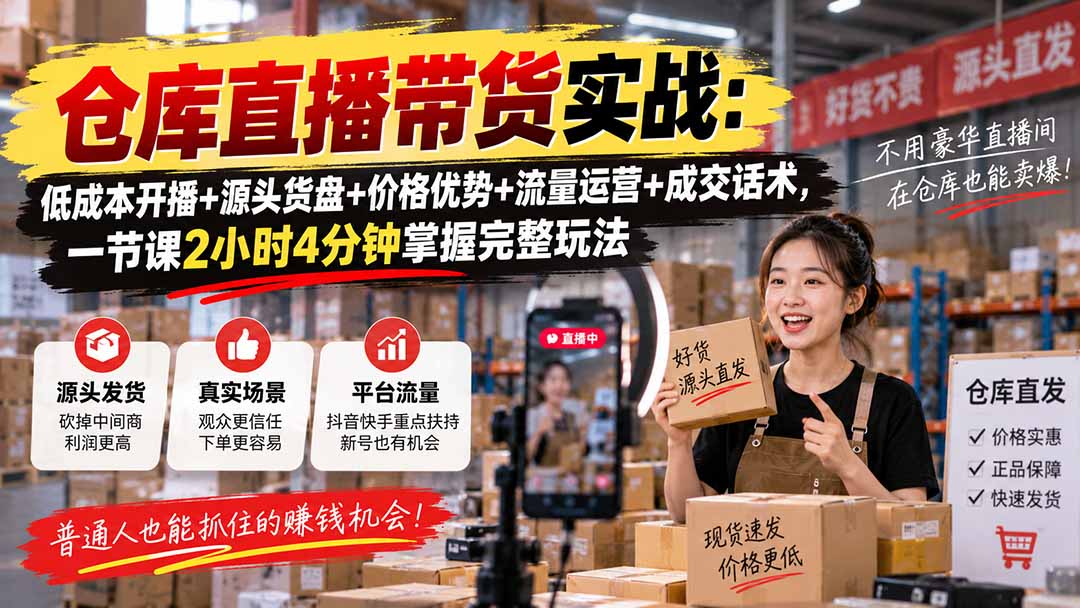 仓库直播带货实战：低成本开播+源头货盘+价格优势+流量运营+成交话术，一节课2小时4分钟掌握完整玩法-网创之家