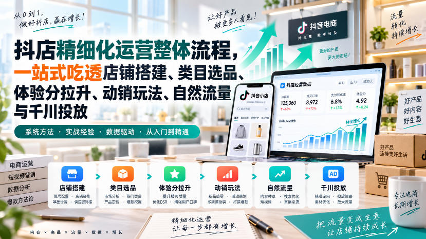李哥电商-抖店精细化运营整体流程，一站式吃透店铺搭建、类目选品、体验分拉升、动销玩法、自然流量与千川投放-网创之家