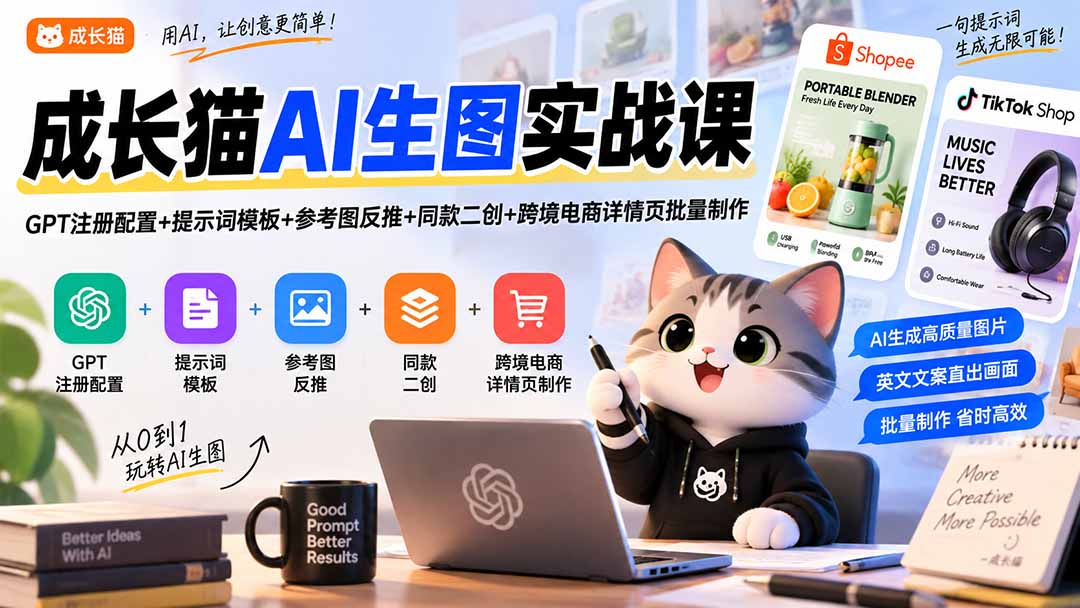 成长猫AI生图实战课|GPT注册配置+提示词模板+参考图反推+同款二创+跨境电商详情页批量制作-网创之家