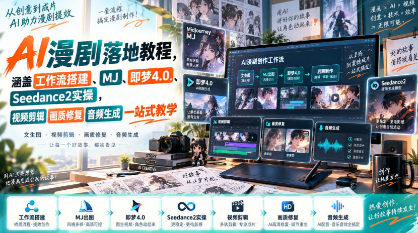 AI漫剧落地教程，涵盖工作流搭建、MJ、即梦4.0、Seedance2实操，视频剪辑画质修复音频生成一站式教学-网创之家