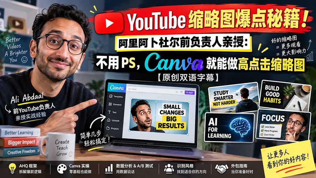 YouTube 缩略图爆点秘籍！阿里阿卜杜尔前负责人亲授：不用 PS，Canva 就能做高点击缩略图【原创双语字幕】-网创之家