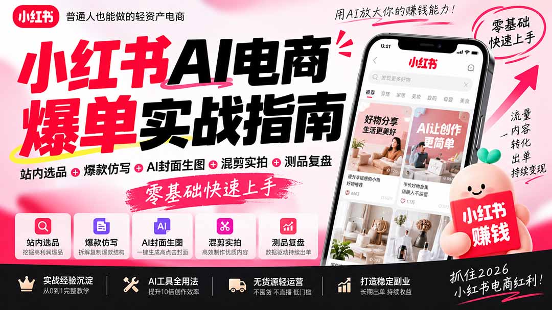 2026小红书AI电商爆单实战指南：站内选品+爆款仿写+AI封面生图+混剪实拍+测品复盘，零基础快速上手-网创之家