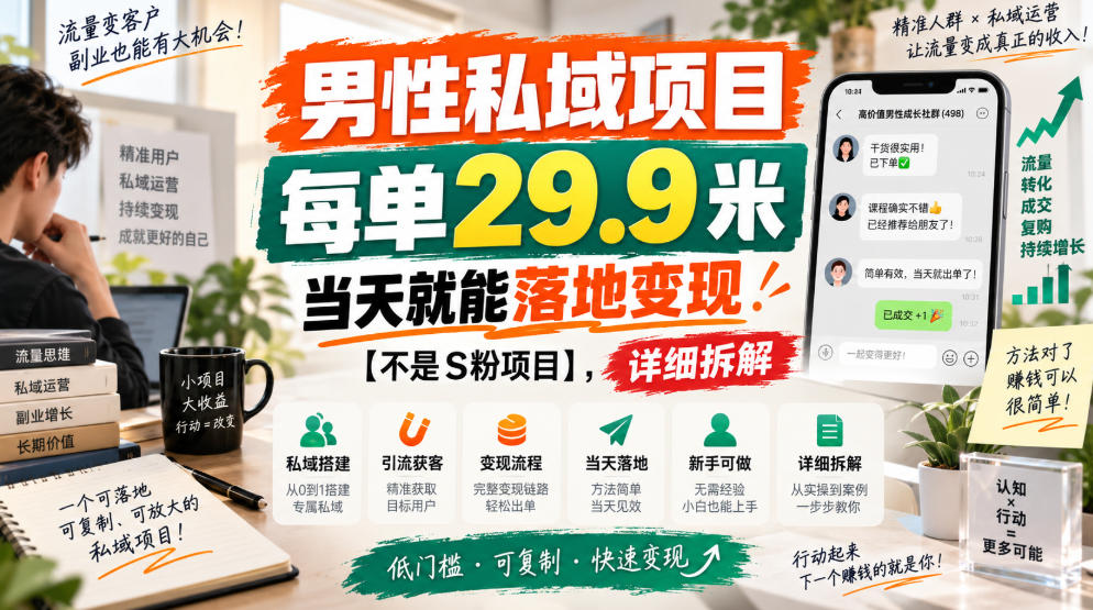 男性私域项目，每单29.9米，当天就能落地变现【不是S粉项目】，详细拆解-网创之家
