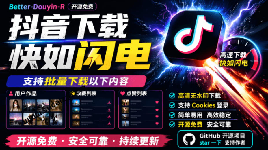 超级好用！抖音视频下载神器，支持批量下载用户作品收藏列表和点赞列表，开源完全免费Better-douyin-R-网创之家