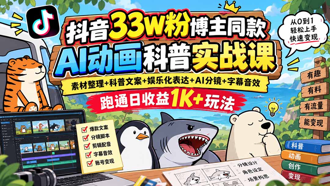 抖音33W粉博主同款AI动画科普实战课|素材整理+科普文案+娱乐化表达+AI分镜+字幕音效,跑通日收益1K+玩法-网创之家