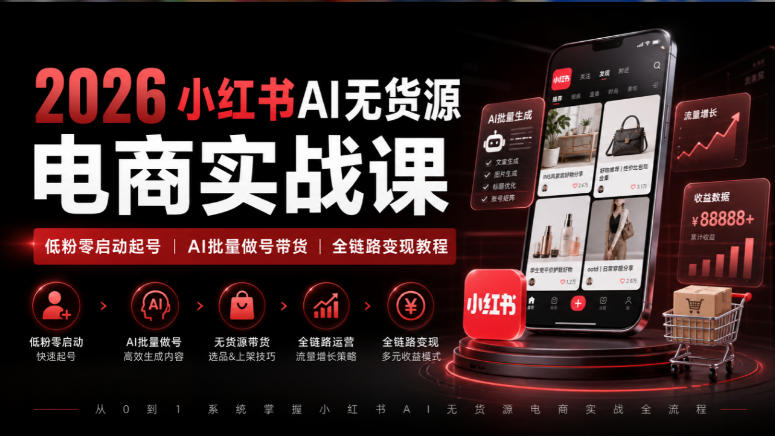 2026小红书AI无货源电商实战课｜低粉零启动起号｜AI批量做号带货全链路变现教程-网创之家