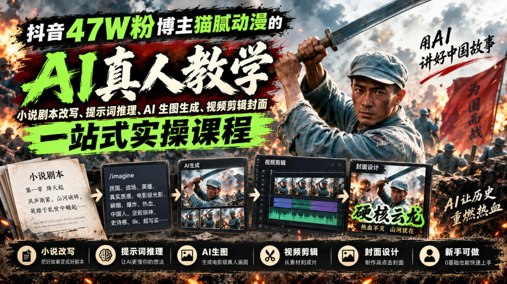 抖音47W粉博主猫腻动漫的AI真人漫剧教学，小说剧本改写、提示词推理、AI生图生成、视频剪辑封面一站式实操课程-网创之家