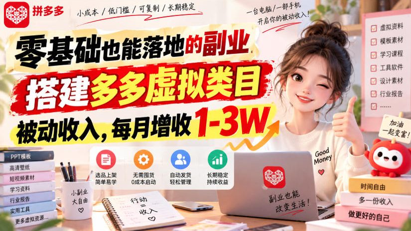 零基础也能落地的副业,搭建多多虚拟类目被动收入,每月增收1-3W【揭秘】-网创之家