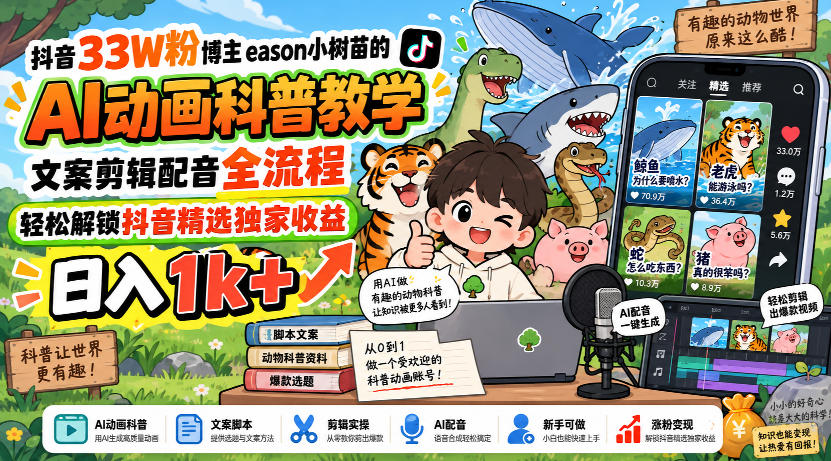 抖音33W粉博主eason小树苗的AI动画科普教学,文案剪辑配音全流程,轻松解锁抖音精选独家收益,日入1k+-网创之家