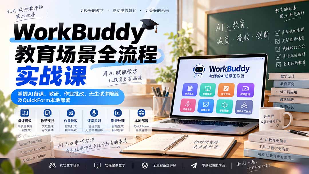 WorkBuddy教育场景全流程实战课：掌握AI备课、教研、作业批改、无生试讲陪练及QuickForm本地部署-网创之家