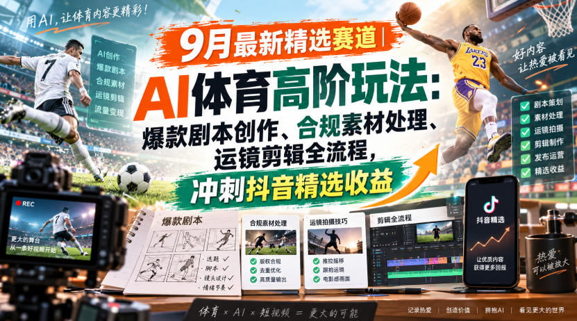 某大佬的9月最新精选赛道之AI体育顶级玩法，爆款剧本创作、版权规避、运镜剪辑全流程，稳拿抖音精选收益-网创之家