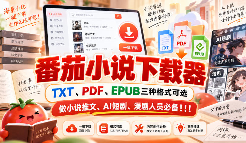 番茄小说下载器，TXT、PDF、EPUB三种格式可选，做小说推文、AI短剧、漫剧人员必备！！！-网创之家