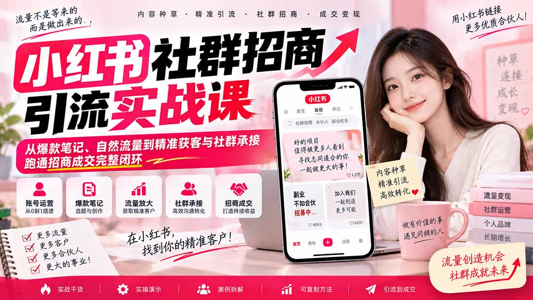 小红书社群招商引流实战课-无水印：从爆款笔记、自然流量到精准获客与社群承接，跑通招商成交完整闭环-网创之家