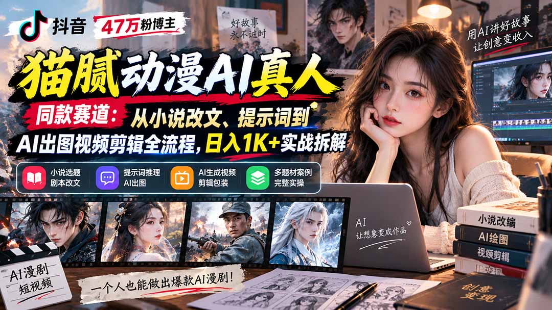 抖音47万粉博主猫腻动漫AI真人同款赛道:从小说改文、提示词到AI出图视频剪辑全流程,日入1K+实战拆解-网创之家