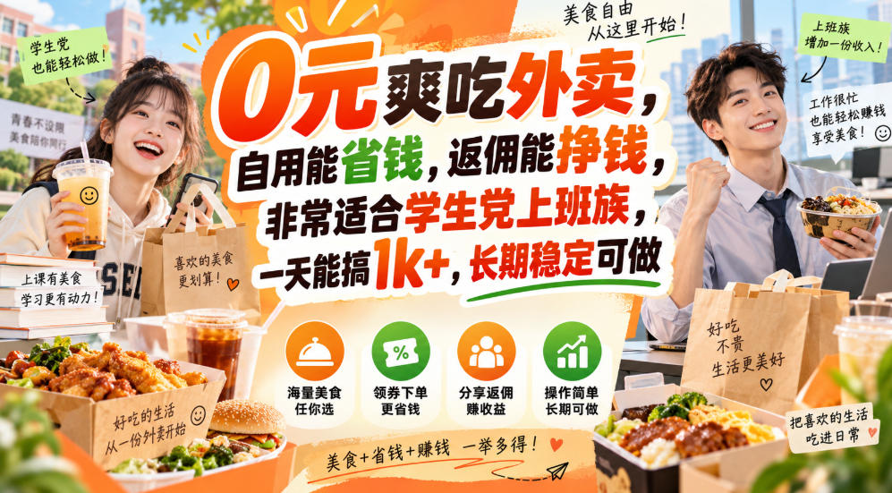 0元爽吃外卖，自用能省钱，返佣能挣钱，非常适合学生党上班族，一天能搞1k+，长期稳定可做-网创之家