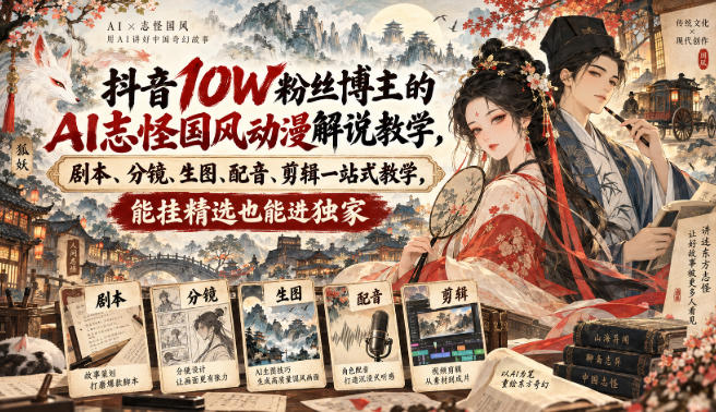 抖音10W粉丝博主满堂诡事的AI志怪国风动漫解说教学,剧本、分镜、生图、配音、剪辑一站式教学,能挂精选也能进独家-网创之家