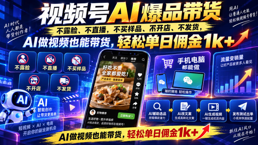 视频号Ai爆品带货，不露脸、不直播、不买样品、不开店、不发货，AI做视频也能带货，轻松单日佣金1k+-网创之家