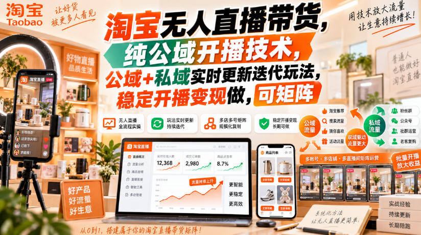 淘宝无人直播带货，纯公域开播技术，公域+私域实时更新迭代玩法，稳定开播变现做，可矩阵【揭秘】-网创之家
