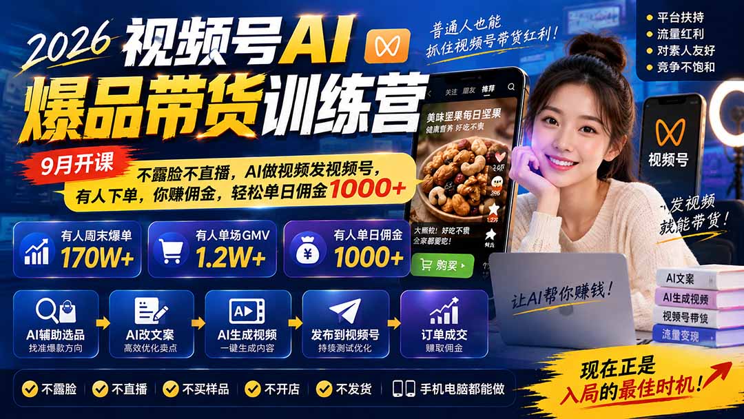 图片[1]-2026视频号AI爆品带货训练营-9月开课｜不露脸不直播，AI做视频发视频号，有人下单，你赚佣金，轻松单日佣金1000+-网创之家