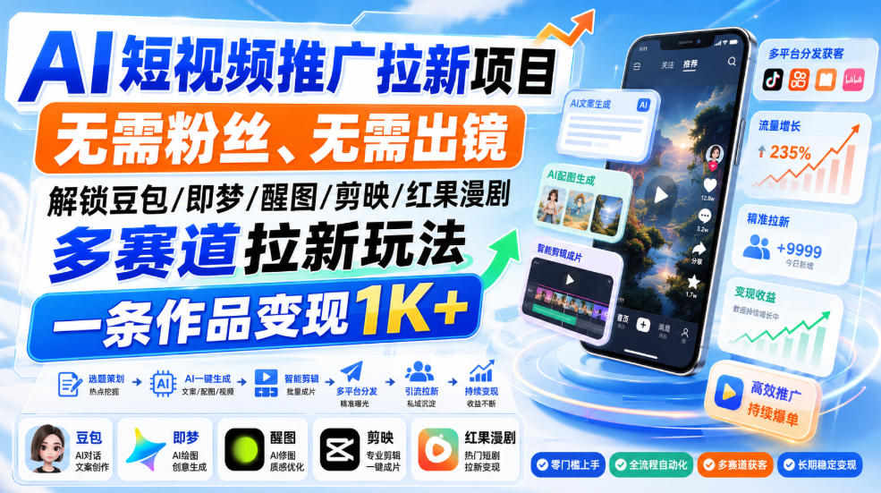 AI短视频推广拉新项目,无需粉丝、无需出镜,解锁豆包/即梦/醒图/剪映/红果漫剧多赛道拉新玩法,一条作品变现1K+(更新0918)-网创之家