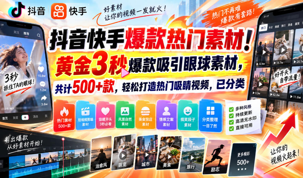 抖音快手爆款热门素材！黄金3秒爆款吸引眼球素材，共计500+款，轻松打造热门吸睛视频，已分类-网创之家