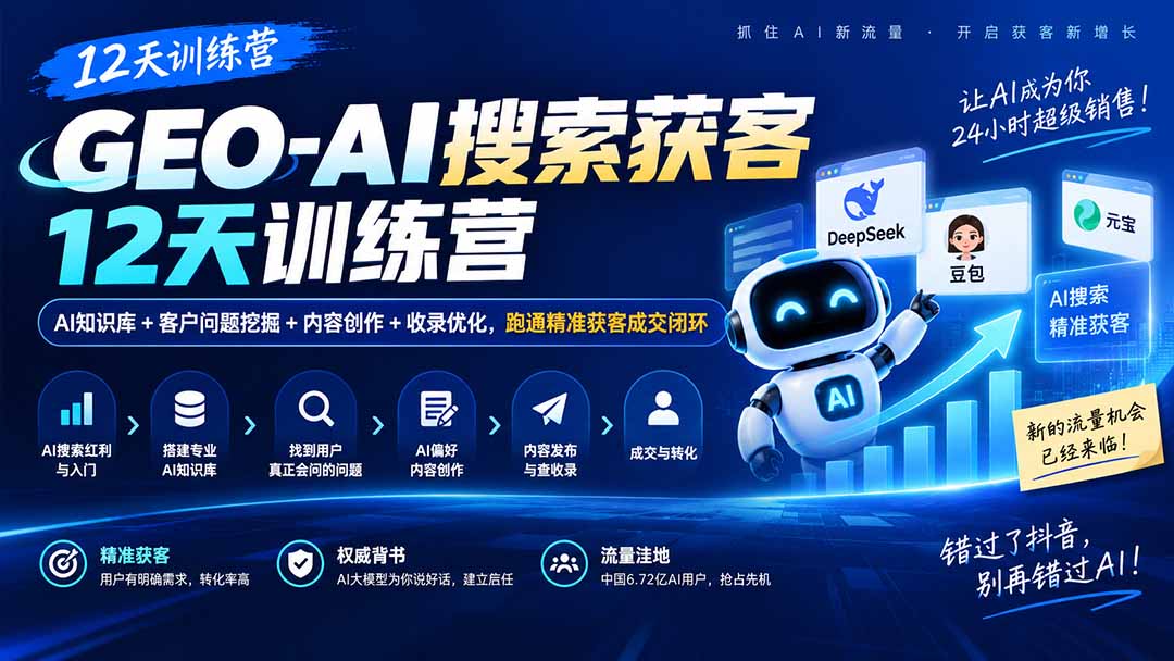 GEO-AI搜索获客12天训练营｜AI知识库+客户问题挖掘+内容创作+收录优化，跑通精准获客成交闭环-网创之家
