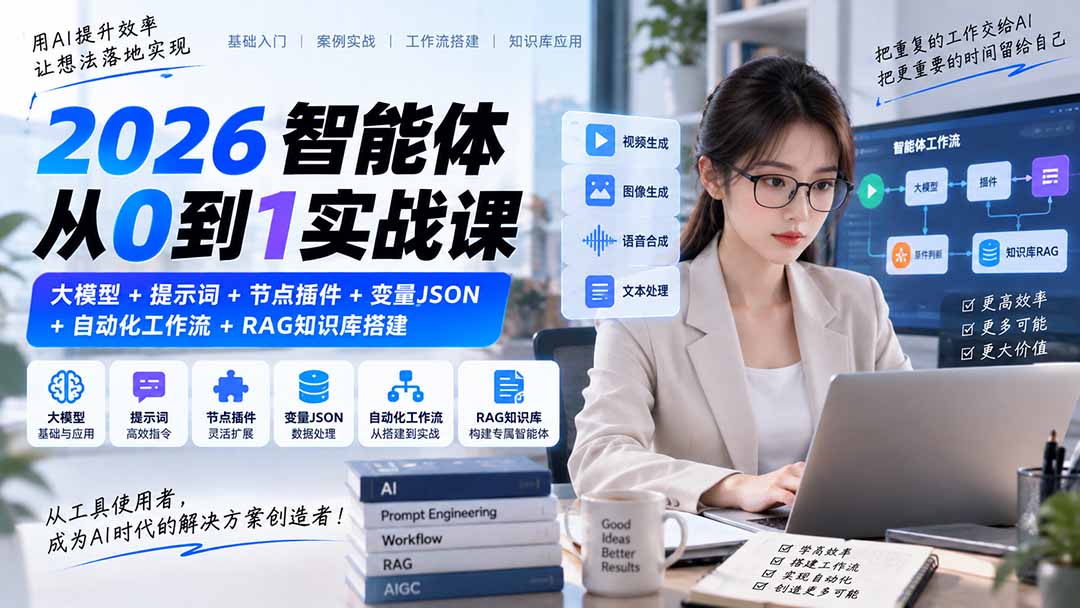 2026智能体从0到1实战课|大模型+提示词+节点插件+变量JSON+自动化工作流+RAG知识库搭建-网创之家