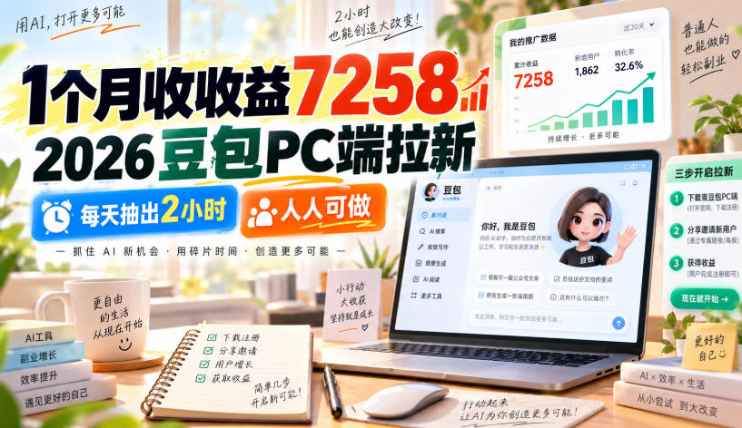 1个月收收益7258，2026豆包PC端拉新，每天抽出2小时，人人可做-网创之家