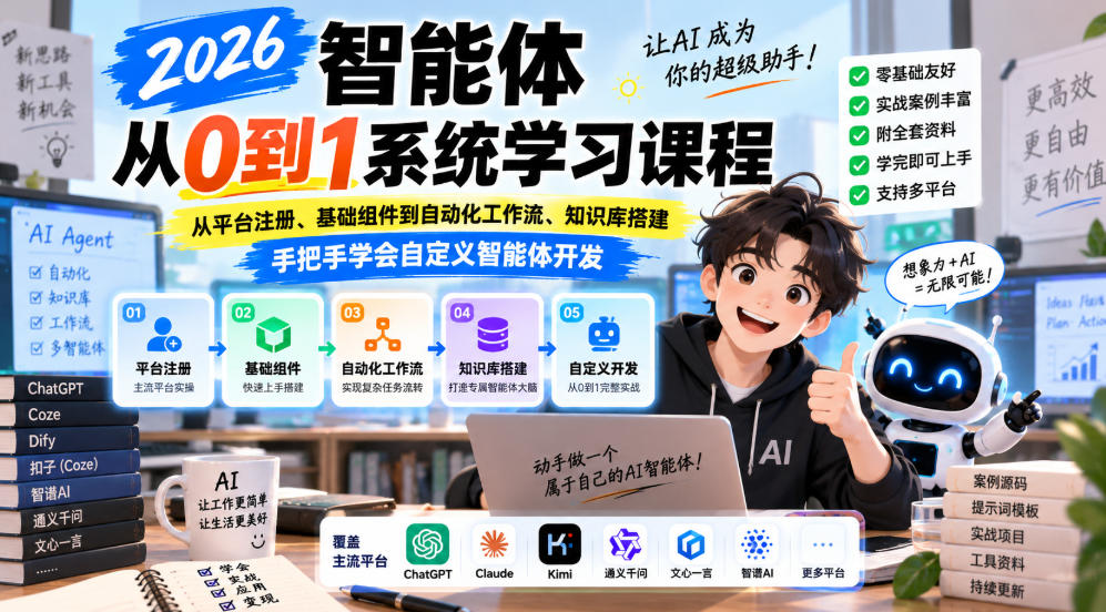 2026智能体从0到1系统学习课程,从平台注册、基础组件到自动化工作流、知识库搭建,手把手学会自定义智能体开发-网创之家