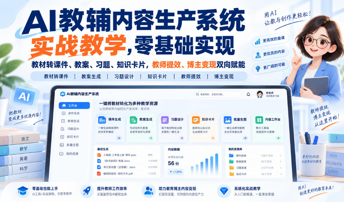 AI教辅内容生产系统实战教学，零基础实现教材转课件、教案、习题、知识卡片，教师提效、博主变现双向赋能-网创之家