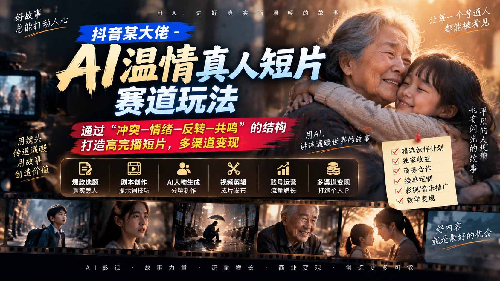 抖音某大佬-AI温情真人短片赛道玩法：通过“冲突—情绪—反转—共鸣”的结构打造高完播短片，多渠道变现-网创之家