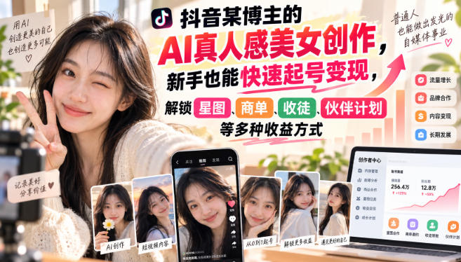 抖音某博主的AI真人感美女创作,新手也能快速起号变现,解锁星图,商单,收徒,伙伴计划等多种收益方式-网创之家