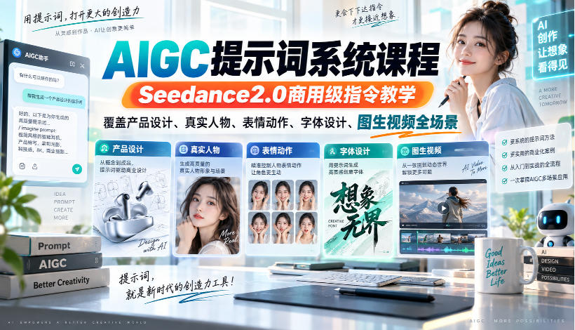 AIGC提示词系统课程,Seedance2.0商用级指令教学,覆盖产品设计、真实人物、表情动作、字体设计、图生视频全场景-网创之家