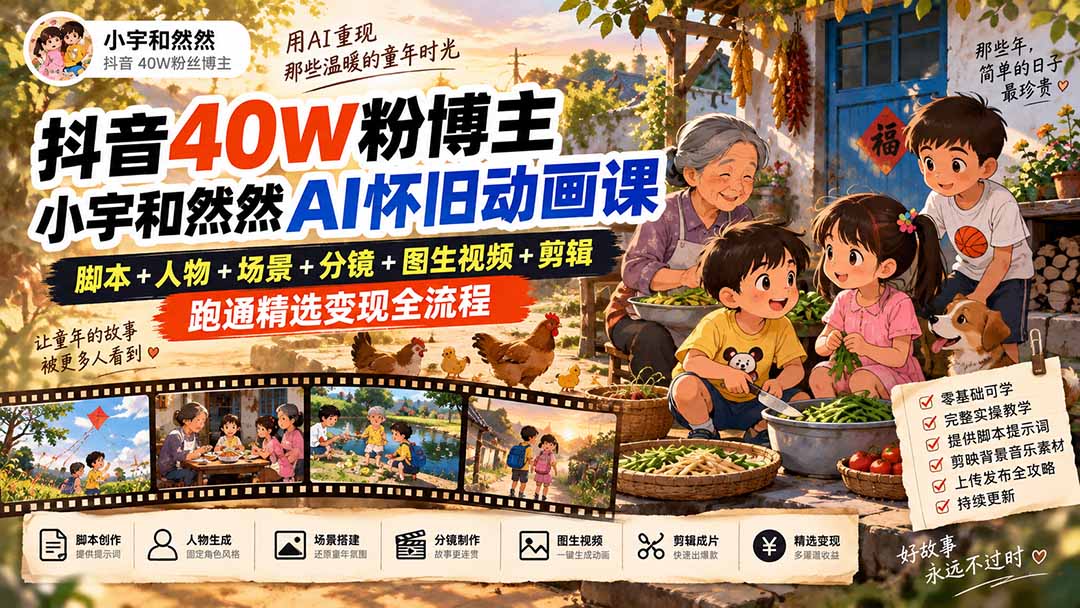 抖音40W粉博主小宇和然然AI怀旧动画课｜脚本+人物+场景+分镜+图生视频+剪辑，跑通精选变现全流程-网创之家