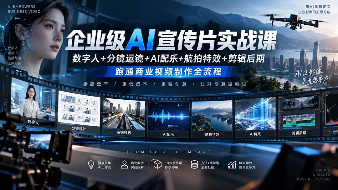 企业级AI宣传片实战课｜数字人+分镜运镜+AI配乐+航拍特效+剪辑后期，跑通商业视频制作全流程-网创之家