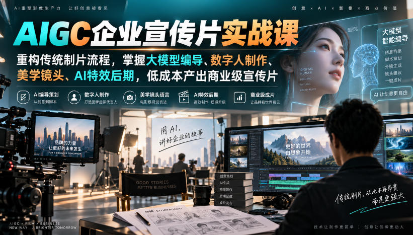 AIGC企业宣传片实战课，重构传统制片流程，掌握大模型编导、数字人制作、美学镜头、AI特效后期，低成本产出商业级宣传片-网创之家