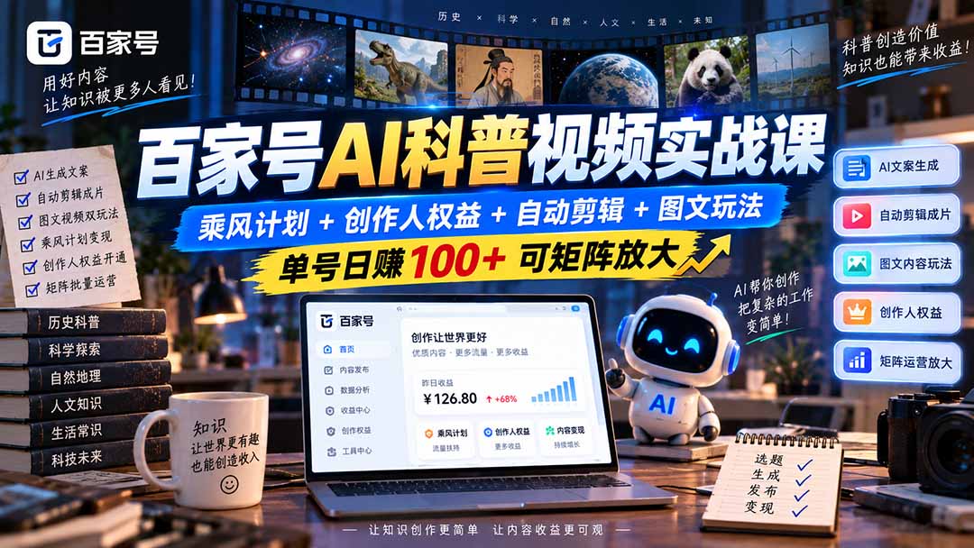 百家号AI科普视频实战课：乘风计划+创作人权益+自动剪辑+图文玩法，单号日赚100+可矩阵放大-网创之家