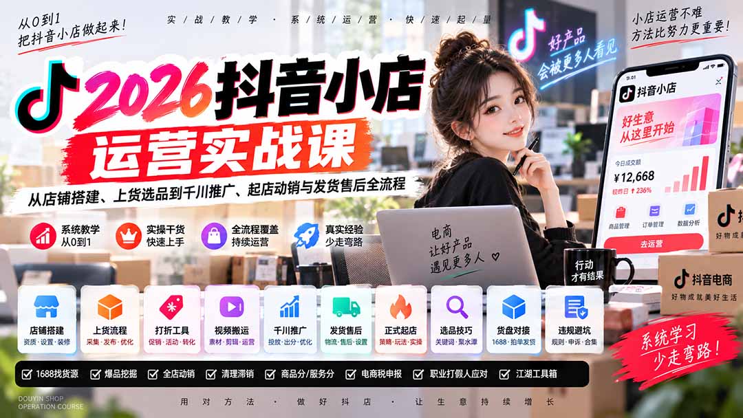2026抖音小店运营实战课｜从店铺搭建、上货选品到千川推广、起店动销与发货售后全流程-网创之家