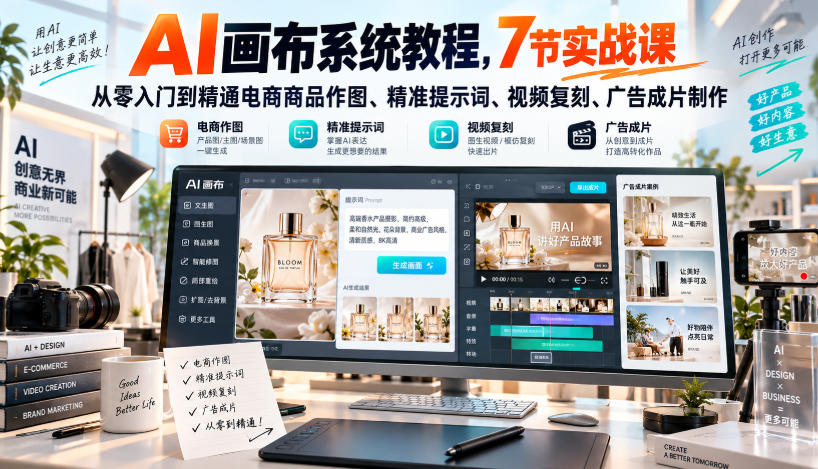 AI画布系统教程，7节实战课从零入门到精通电商商品作图、精准提示词、视频复刻、广告成片制作-网创之家