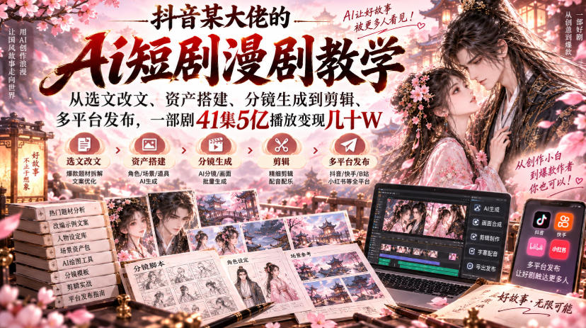 抖音某大佬的Ai短剧漫剧教学，从选文改文、资产搭建、分镜生成到剪辑、多平台发布，一部剧41集5亿播放变现几十W-网创之家