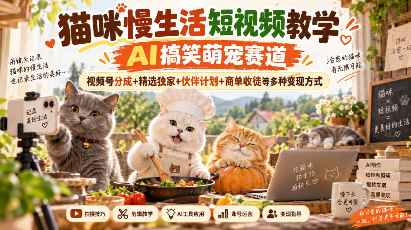 猫咪慢生活短视频教学，AI搞笑萌宠赛道，视频号分成+精选独家+伙伴计划+商单收徒等多种变现方式-网创之家